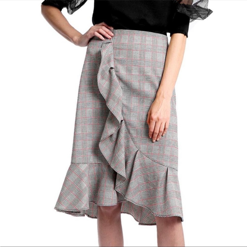 GRACIA Glen Plaid Ruffle Knee Length Pencil Skirt SMALL Preppy Office High Waist
